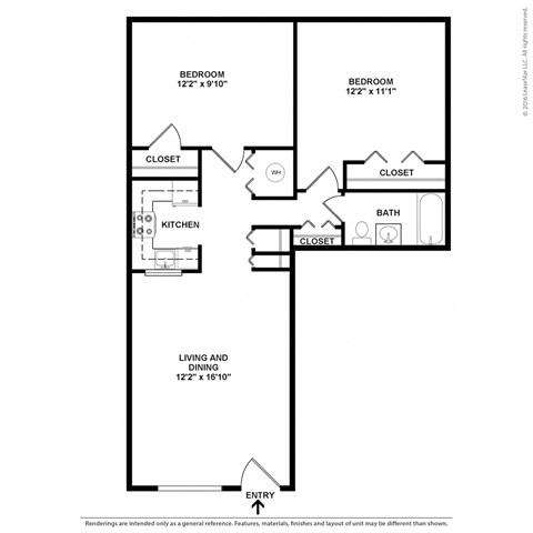 A drawing of a floor plan for a home with two bedrooms, a living and dining area, a kitchen, a bathroom, and two closets.